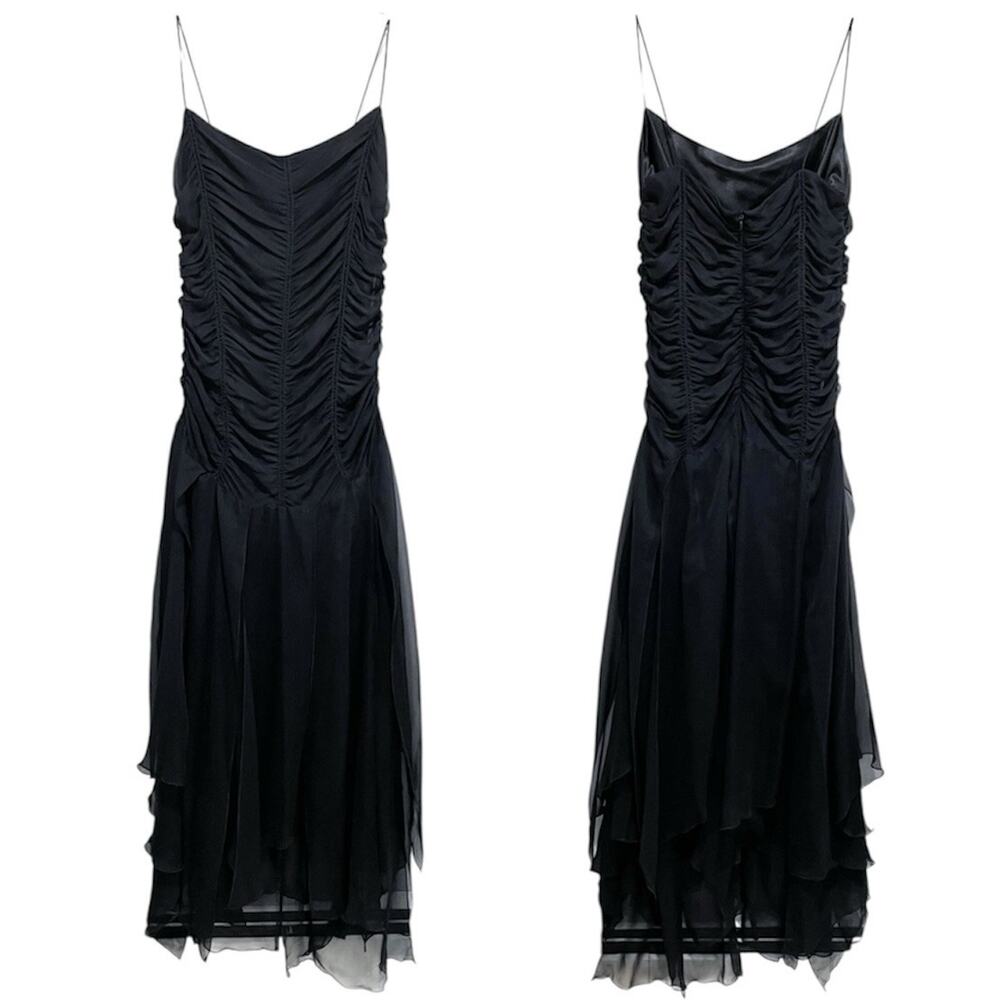 Whimsigoth Y2K La Bottega Silk Dress Size Small Black Asymmetrical Ruched HOCO